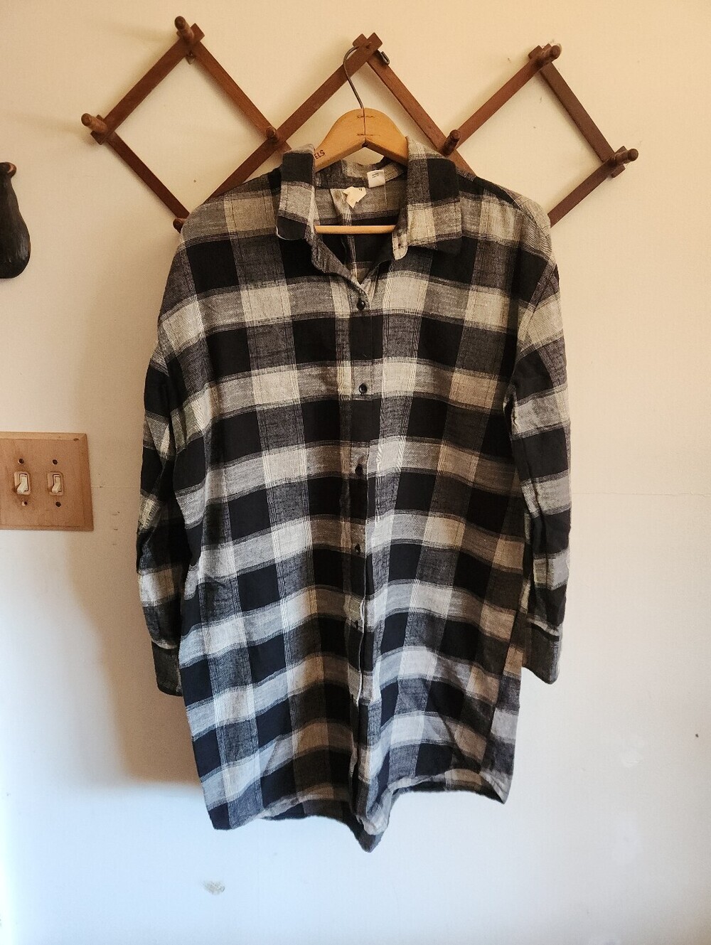 Billabong Black White Plaid Flannel Button-Up Long Sleeve Mini Dress Tunic Large